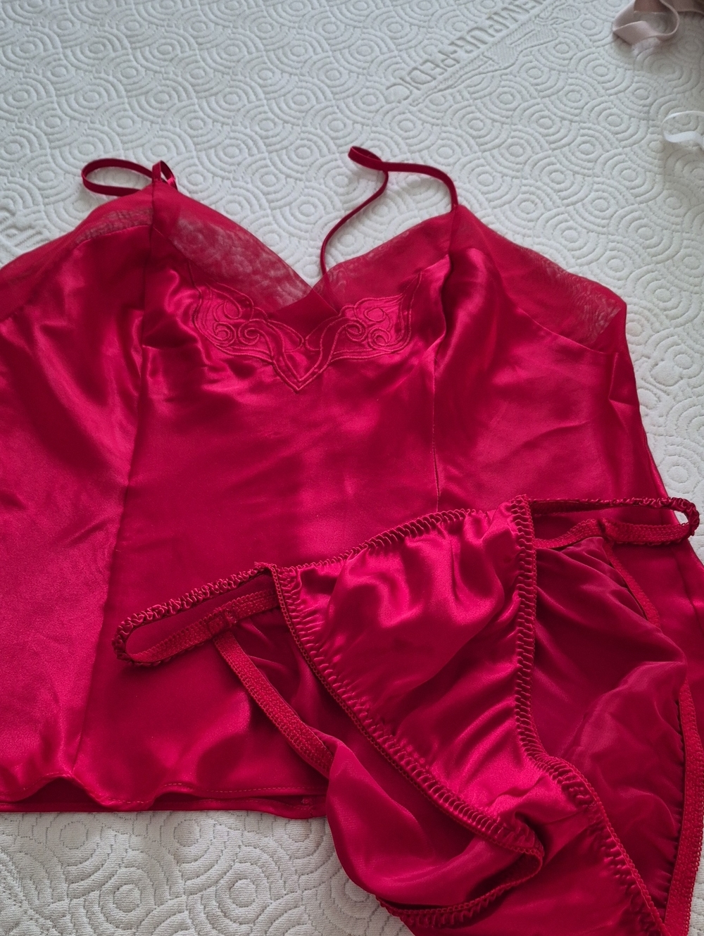 Silky Lace Trim Cami & Bikini Set - Pink